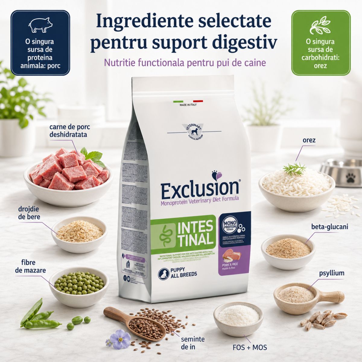 EXCLUSION Monoprotein VD Intestinal Puppy, XS-XL, Porc și Orez, dietă veterinară, hrană uscată câini junior, sistem digestiv, 12kg - imagine 5
